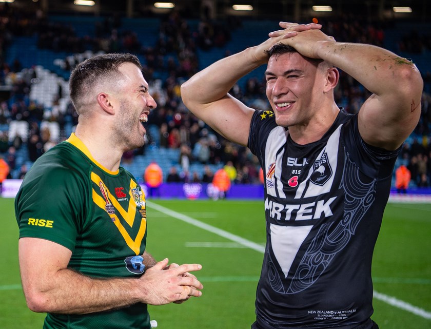 Manu shares a moment with Roosters captain James Tedesco following the World Cup semi-final.