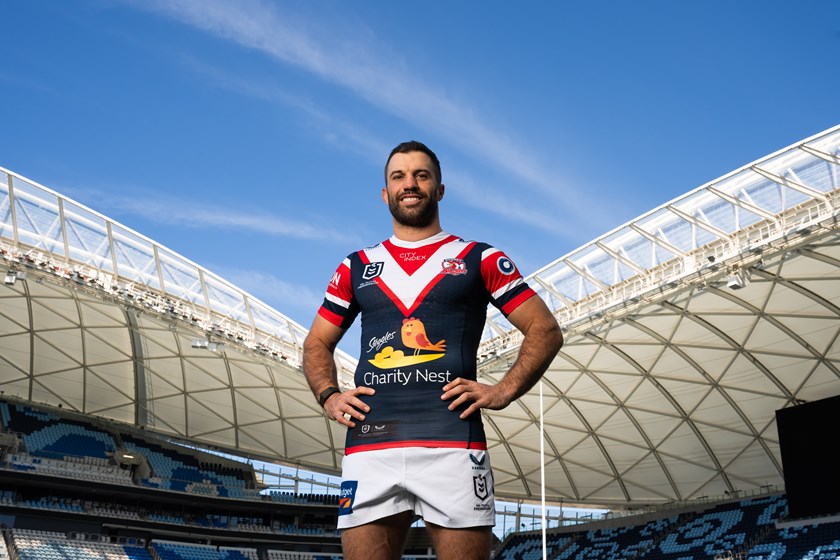 Captain James Tedesco wearing our 2024 Steggles Charity Nest jersey.