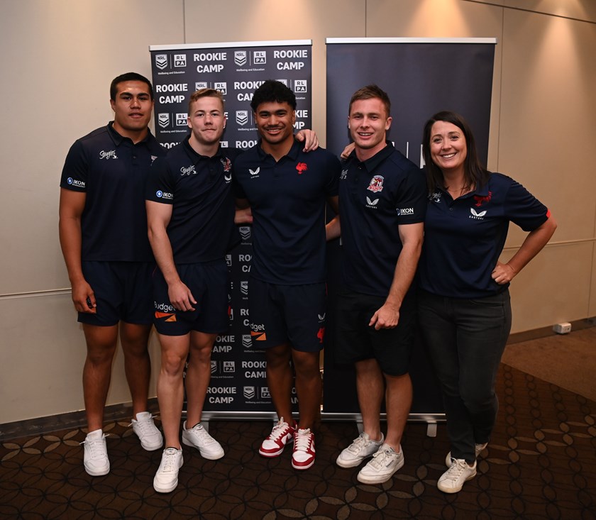 (L-R) Xavier Va'a, Tyler Moriarty, Robert Toia, Ethan King and Roosters Career and Education Manager Sheridan Hawkins at the 2023 NRL Rookie Camp. 