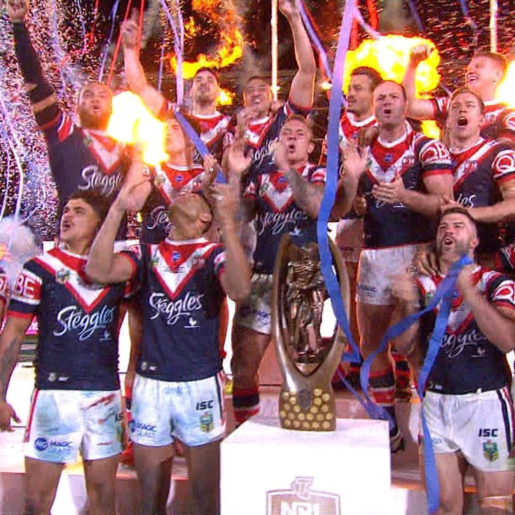 Roosters lift the the 2018 Premiership trophy