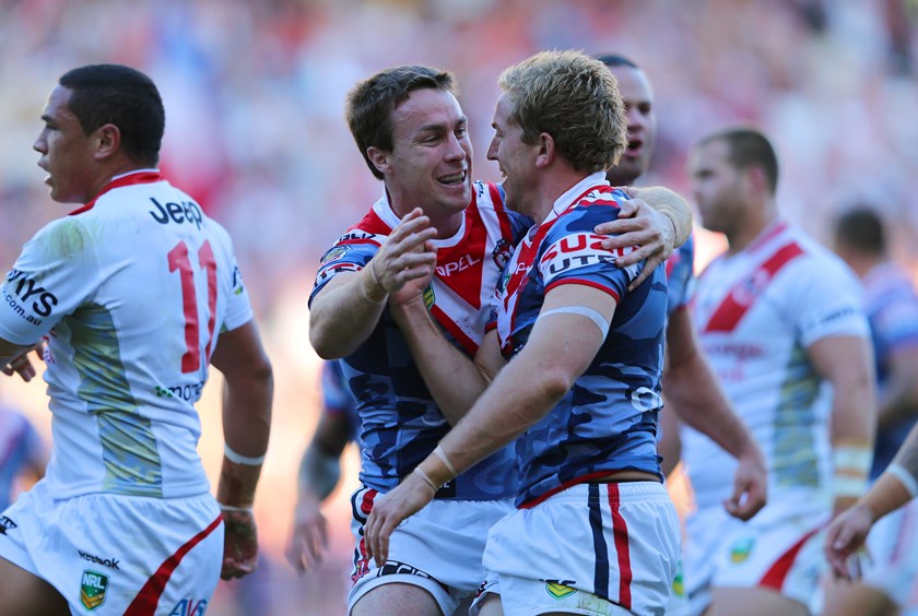 Mitchell Aubusson scores against the Dragons in the annual Anzac Day clash.